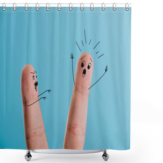 Personality  Cropped View Of Frightened Finger And Zombie Isolated On Blue  Shower Curtains