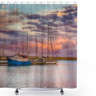 Personality  Impressionistic Color Outdoor Image Of A Harbour Scenn With Fishing And Sailing Boats During A Colorful Sunset Taken In Sardinia In Painting Style Shower Curtains