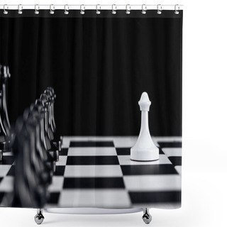 Personality  Selective Focus Of Chessboard With Black Chess Figures And White Pawn In Front Isolated On Black Shower Curtains