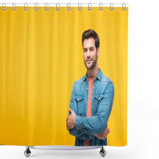 Personality  Happy Handsome Man With Crossed Arms Looking At Camera Isolated On Yellow Shower Curtains