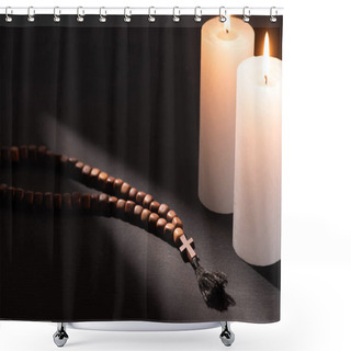 Personality  Rosary On Black Dark Background With Burning Candles Shower Curtains