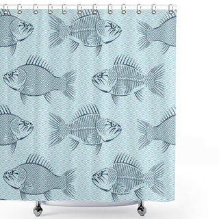 Personality  Vector Seamless Background With Drawn Sketches Of Fish On Blue Background With Waves. Hand-drawn Illustration In Retro Style. Can Be Used For Seafood Menu Or Fish Market Shower Curtains