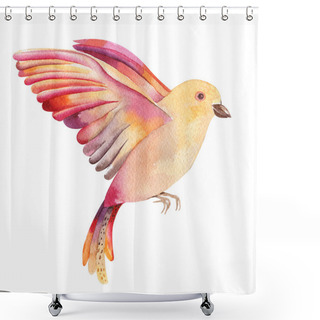 Personality  Watercolor Illustration Of A Yellow Bird Flying, Isolated On White Shower Curtains