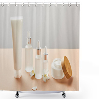 Personality  Cream Tube, Cosmetic Glass Bottles With Serum And Open Jar With Cream Near Few Jasmine Flowers Shower Curtains