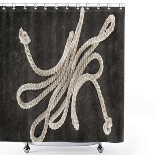 Personality  Top View Of White Nautical Rope With Knots On Dark Concrete Tabletop Shower Curtains