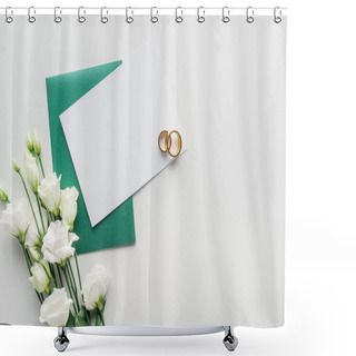 Personality  Top View Of Empty Card With Green Envelope, Flowers And Golden Wedding Rings On Grey Background Shower Curtains