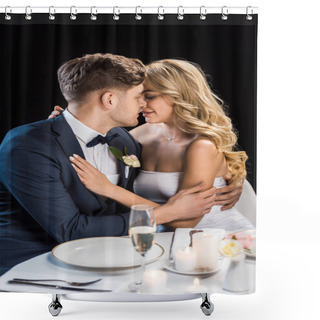 Personality  Newlyweds Hugging While Sitting At Served Table Isolated On Black Shower Curtains