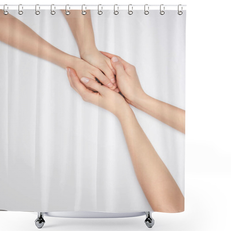 Personality  top view of two woman holding hands isolated on white shower curtains