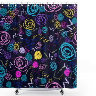 Personality  Vector Colorful Seamless Pattern With Brush Strokes And Circles. Pink Blue Yellow Green Color On Black Background. Hand Painted Grange Texture Ink Round Elements. Fashion Modern Style. Fantasy Chaotic Shower Curtains