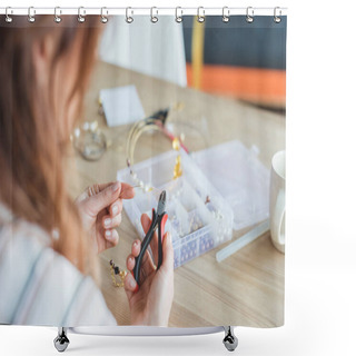 Personality  Close-up Shot Of Young Woman Making Accessory With Linesman Pliers In Workshop Shower Curtains