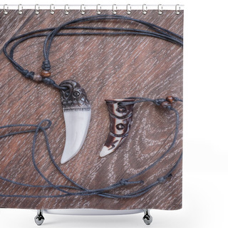 Personality  Big Bear Tooth And Bone Pendants Carved From Deer On A Brown Background Shower Curtains