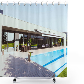 Personality  Beautiful Modern Cottage With Outdoors Swimming Pool Under Clear Blue Sky Shower Curtains