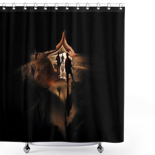 Personality  Spelunkers Exploring An Underground Cave River Shower Curtains