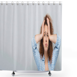 Personality  Exhausted Woman With Curly Hair Holding Hands On Head On Grey Background, Banner Shower Curtains