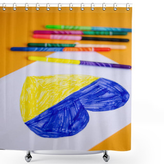 Personality  High Angle View Of Modern Felt Pens Near Paper With Drawn Heart And Ukrainian Flag On Yellow  Shower Curtains