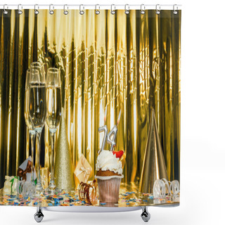 Personality  Background Date Of Birth With Number 74. Scenery Festive Glasses Of Champagne, Anniversary In Golden Color. Copy Space. Happy Birthday Postcard. Shower Curtains