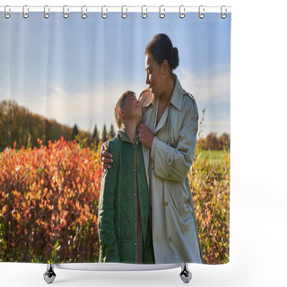 Personality  Happy African American Boy In Autumnal Clothes Looking At Mother, Fall Season, Golden Leaves On Bush Shower Curtains