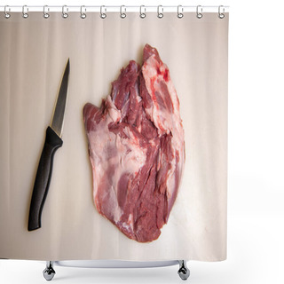 Personality  Boning A Shoulder Of Lamb Leg Meat On A Wooden Tray, White Background, Top View Shower Curtains