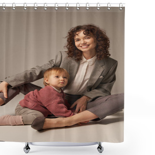 Personality  Career And Family, Balanced Lifestyle, Cheerful Mother With Curly Hair Hugging Toddler Daughter On Grey Background, Quality Time, Modern Parenting, Businesswoman, Loving Motherhood   Shower Curtains