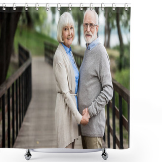 Personality  Happy Senior Couple Standing On Wooden Bridge And Holding Hands  Shower Curtains