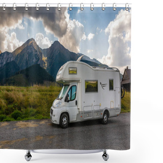 Personality  Zdiar, Slovakia - September 12, 2021: Fiat Ducato In A Campervan Version In The Parking Lot Against The Backdrop Of The Belianske Tatras. Shower Curtains