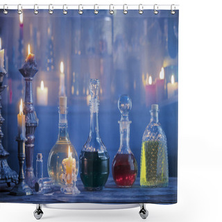 Personality  Magic Potions In Bottles On Wooden Background  Shower Curtains