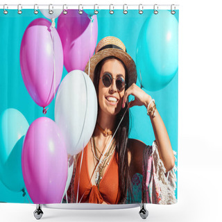 Personality  Bohemian Girl With Helium Balloons  Shower Curtains