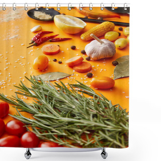 Personality  Selective Focus Of Ripe Vegetables, Spices And Rosemary On Orange Background Shower Curtains
