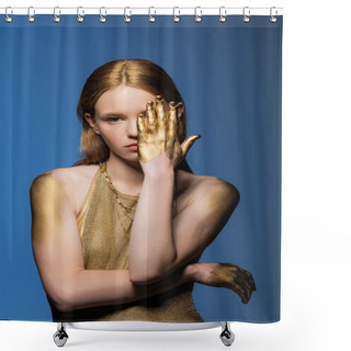 Personality  Fair Haired Woman In Golden Paint On Hands Covering Eye Isolated On Blue  Shower Curtains
