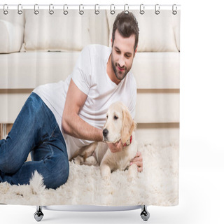 Personality  Man Holding Puppy Shower Curtains