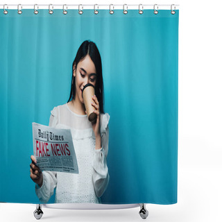 Personality  Asian Woman In White Blouse Holding Newspaper With Fake News And Drinking Coffee On Blue Background Shower Curtains