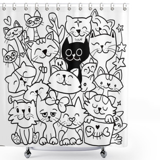 Personality  A Charming Collection Of Joyful Cartoon Cats Depicted In Various Poses And Expressions In A Delightful Black And White Doodle ,Illustration Vector Shower Curtains
