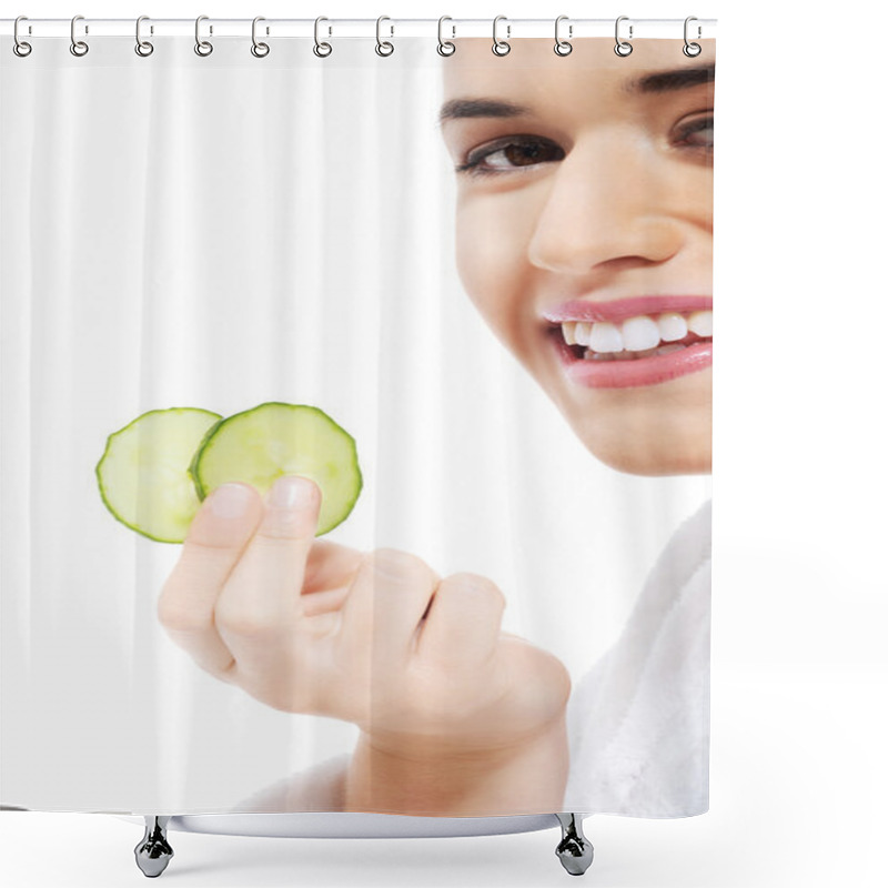 Personality  Beautiful Woman In Bathrobe Holding Slices Of Cucumber. Shower Curtains