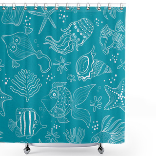 Personality  Seamless Inlay Of Sea Creatures, Corals And Shells. Pink Path In The Emerald Background Shower Curtains