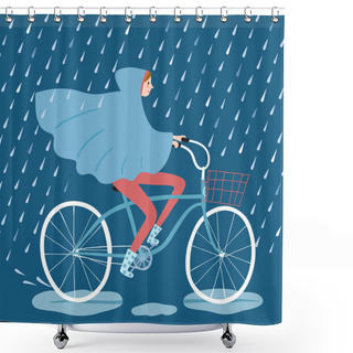 Personality  Cute Girl Cyclist Under The Rain Vector Illustration Shower Curtains