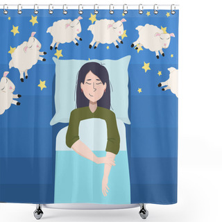 Personality   Vector Illustration Of A Young Asian Brunette Woman Falling Asleep In Her Bed And Counting Sheep Before Going To Bed Shower Curtains