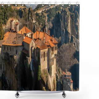 Personality  Panoramic Shot Of Monastery Of Holy Trinity On Rock Formations In Meteora  Shower Curtains