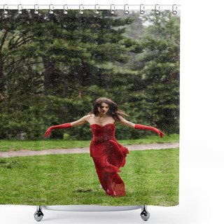 Personality  A Young Woman In A Striking Red Dress And Long Gloves Runs Gracefully In The Rain, Embracing The Natural Elements Around Her. Shower Curtains