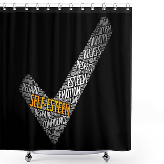 Personality  Self-esteem Check Mark Word Cloud, Concept Background Shower Curtains
