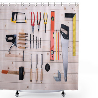 Personality  Top View Of Set Of Construction Tools On Wooden Table Shower Curtains