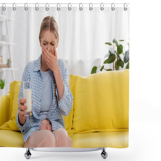 Personality  Woman With Allergy Feeling Disgust While Holding Glass Of Milk  Shower Curtains
