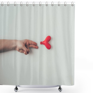 Personality  Cropped Image Of Woman Reaching Out Deflated Balloon With Two Fingers On White, Valentines Day Concept Shower Curtains