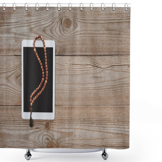 Personality  Top View Of Tablet With Beads Lying On Wooden Table Shower Curtains