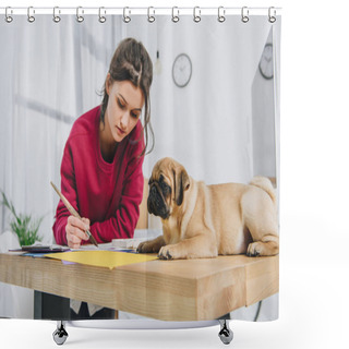 Personality  Pretty Lady Working On Illustrations With Cute Pug On Working Table With Computer Shower Curtains