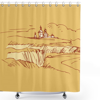 Personality  Retro Landscapes. Russian Village Vector Drawing. Shower Curtains