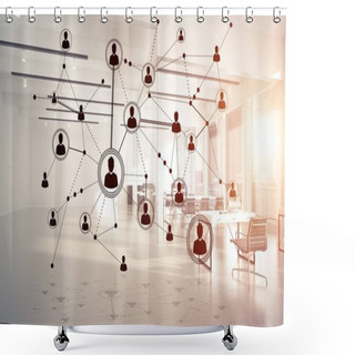 Personality  Lines Connected With Dots Against Modern Office Blurred Background, Concept Of Networking  Shower Curtains