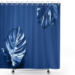Personality  Exotic Summer Trend In Minimal Style. Tropical Palm Monstera Leaf On Classic Blue Color Background. Shiny And Sparkle Design, Fashion Concept. Shower Curtains