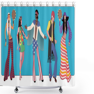 Personality  Group Of Five Wearing Hippie Clothes Of The 60s And 70s Dancing  Shower Curtains