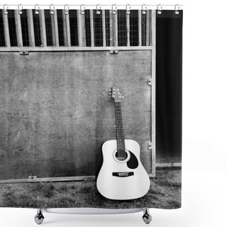 Personality  Acoustic Guitar In Front Of A Horse Stable In Black And White Shower Curtains