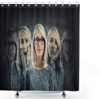 Personality  Young Woman Suffer Split Emotions Into Five Different Inner Personalities. Multipolar Mental Health Disorder Concept. Schizophrenia Psychiatric Disease. Face Expressions And Reactions Mood Change. Shower Curtains